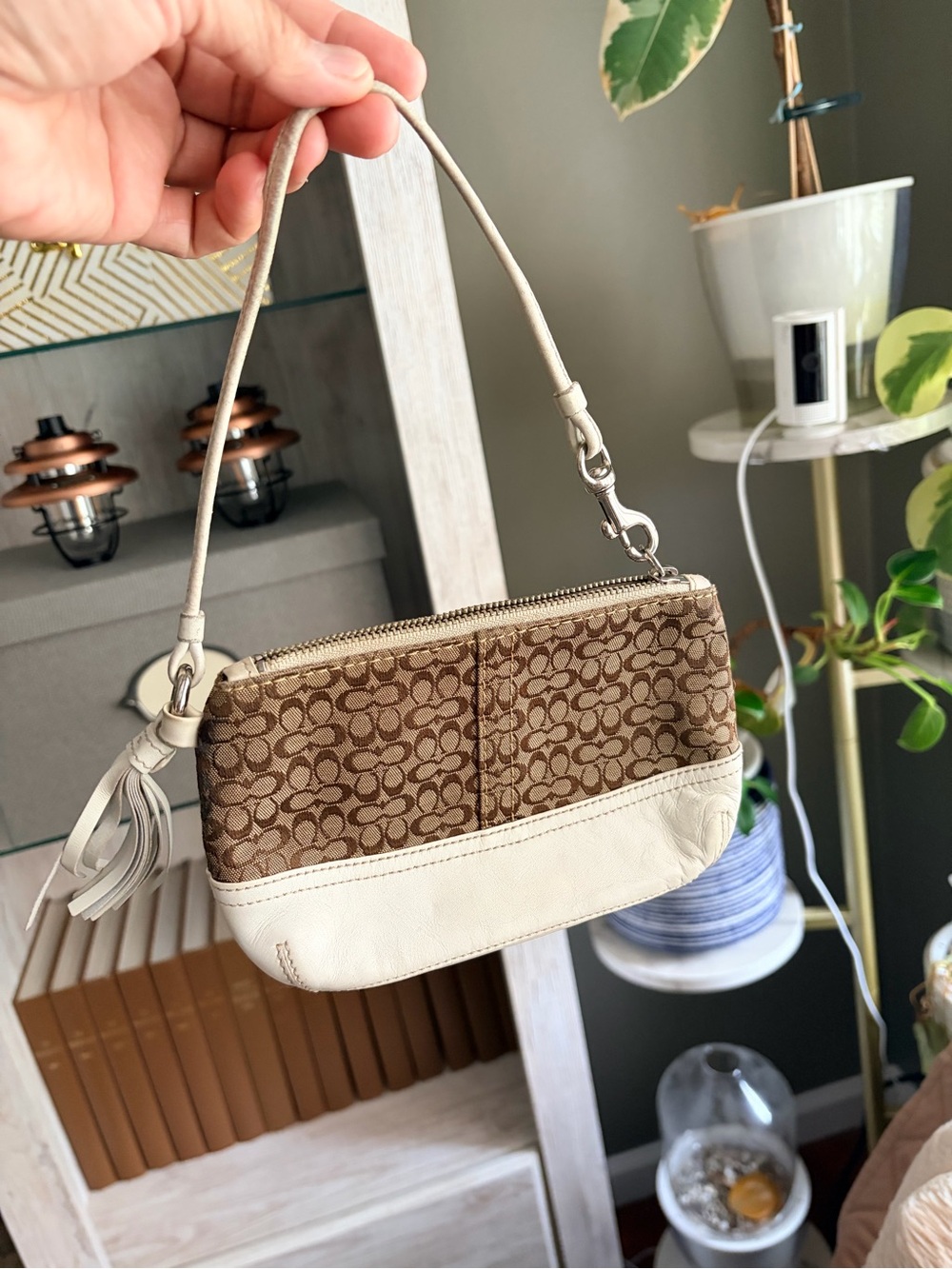 Coach Brown Signature Canvas Wristlet with White Leather Trim